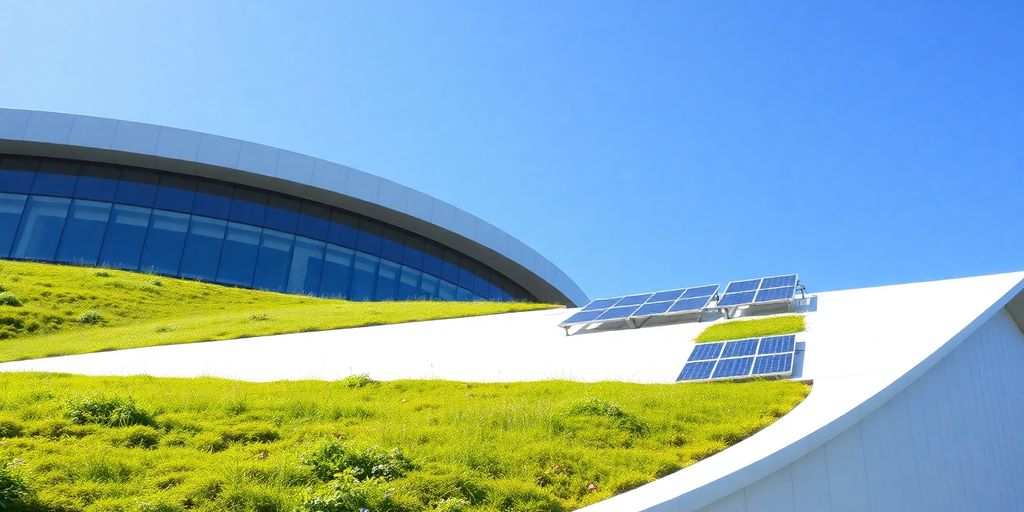 Sleek modern museum architecture, green roof, solar panels.