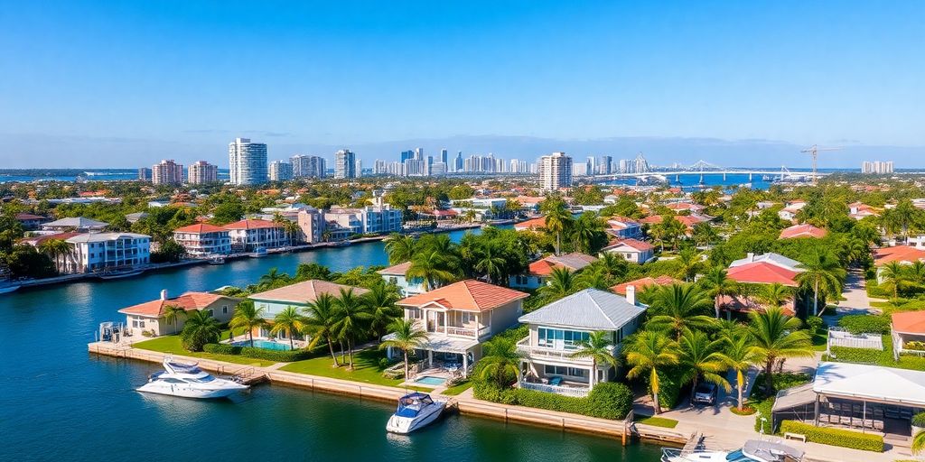 Colorful waterfront houses in Aventura, Florida with palm trees.