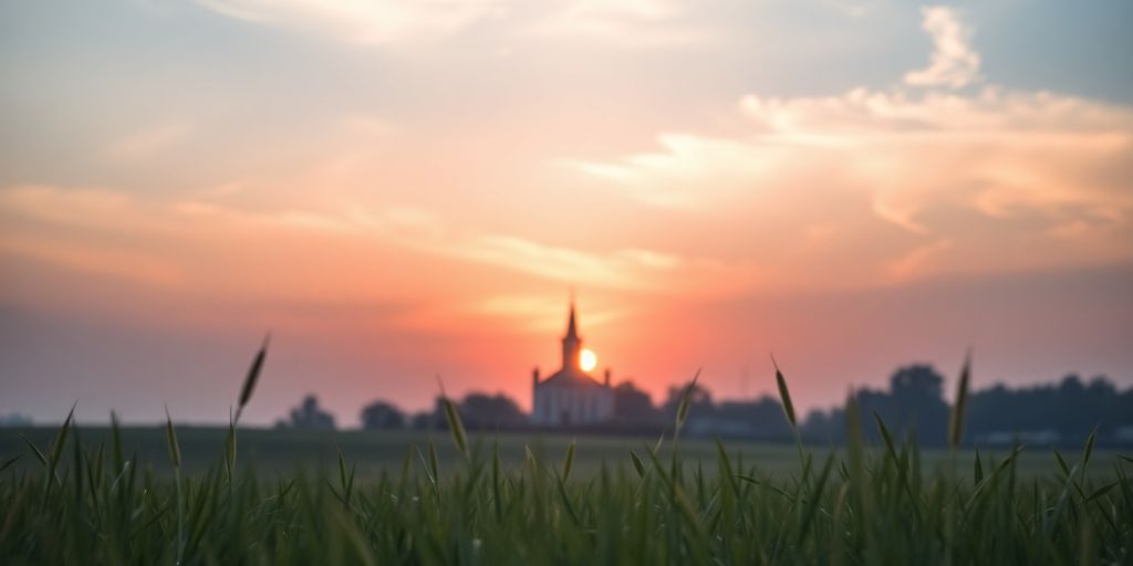 Silhouette of a church at sunrise with gentle grass.