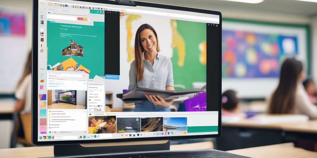 teacher using Canva on a computer in a modern classroom