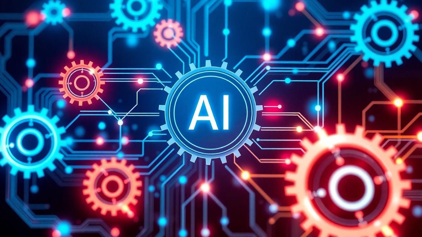 AI automation testing infographic with circuits and gears.