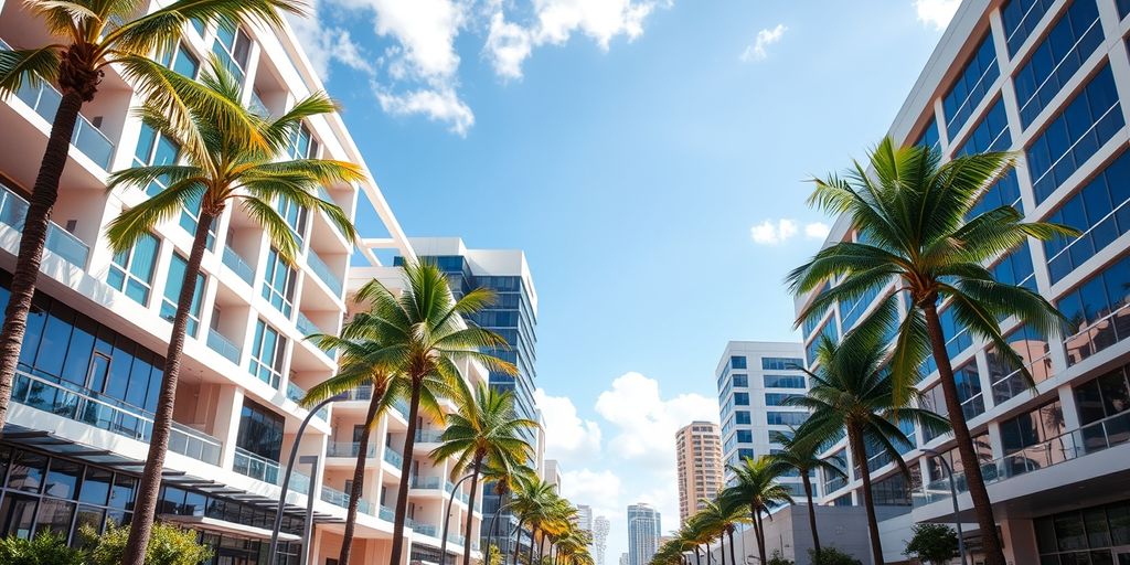 Broward real estate with modern buildings and palm trees.