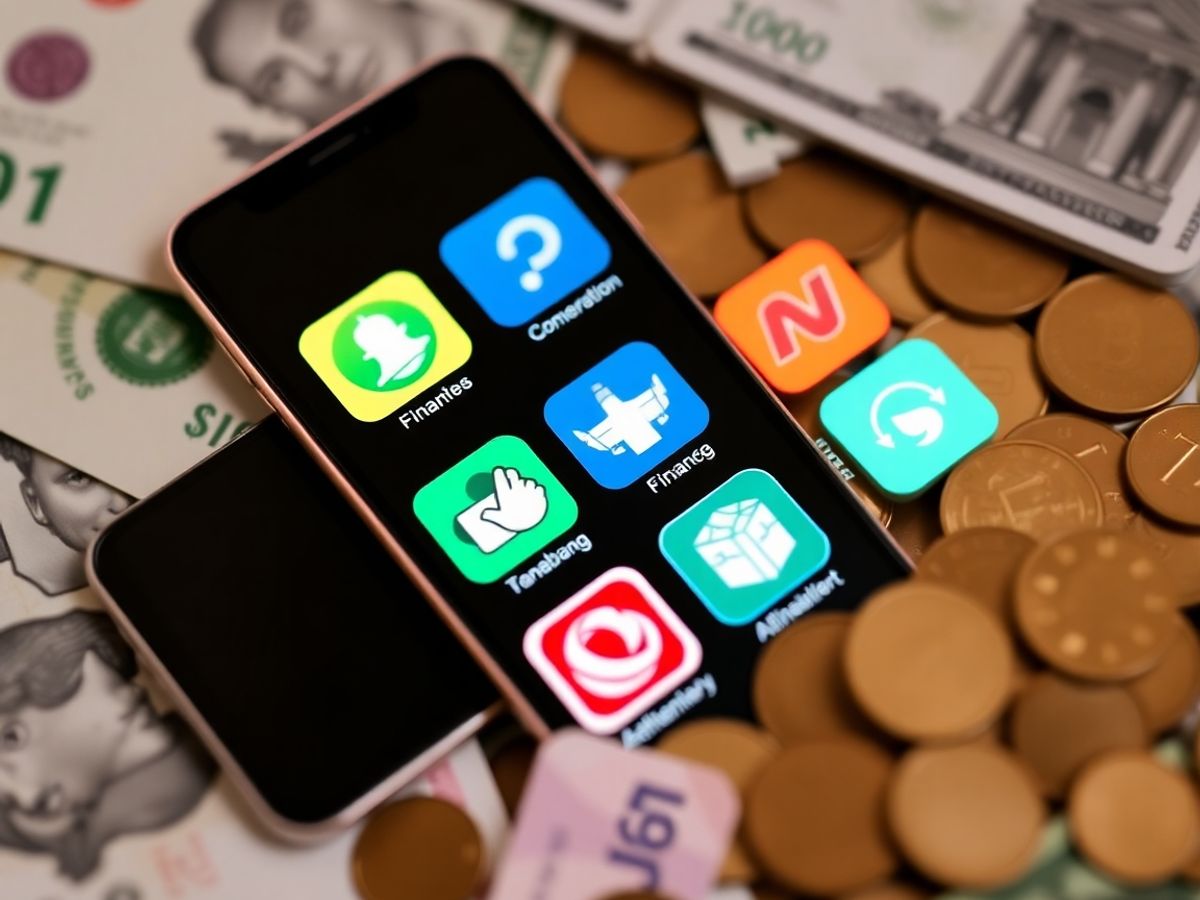 Aplicații financiare pe un smartphone cu monede.