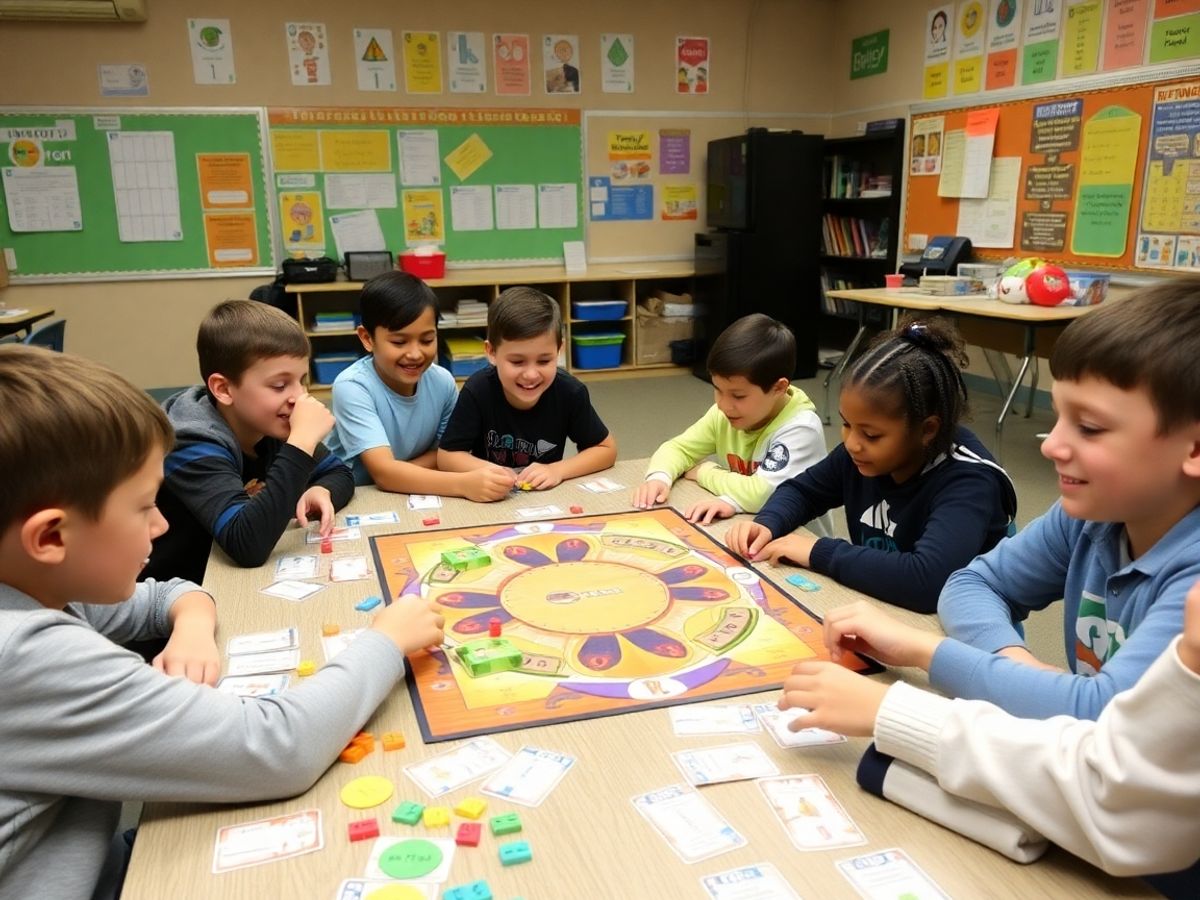 Copii jucând jocuri educative despre educația financiară.