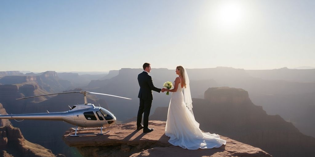 Couple's helicopter wedding on a Grand Canyon cliff edge.