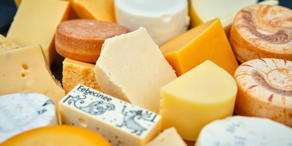 Various cheeses with visible curds and creamy textures.