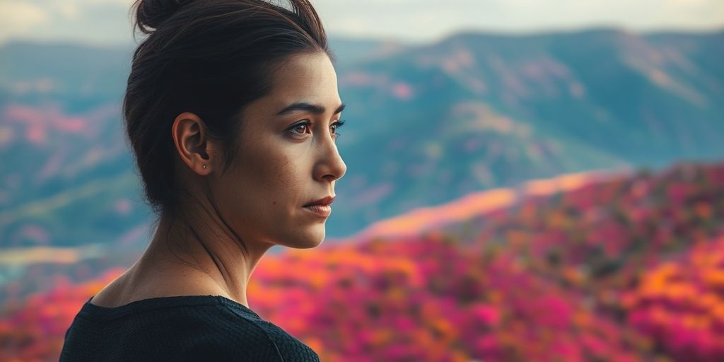 Person with muted colors looking at vibrant world.