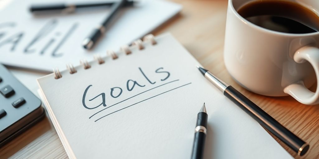 Notepad with goals, pen, and coffee on desk.