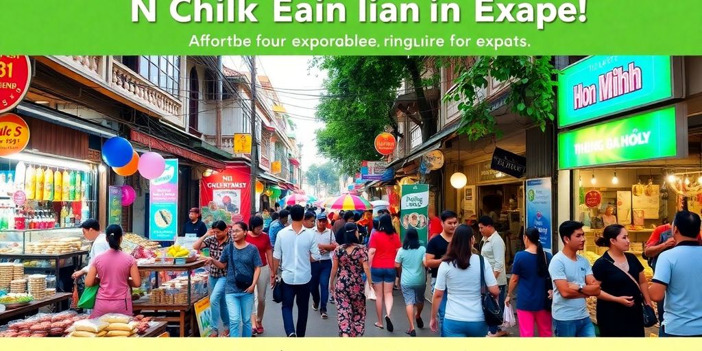 Busy market in Ho Chi Minh City with expats and locals.