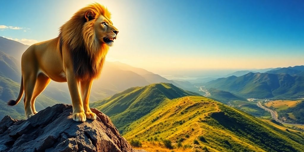 Lion roaring, standing on mountain peak.