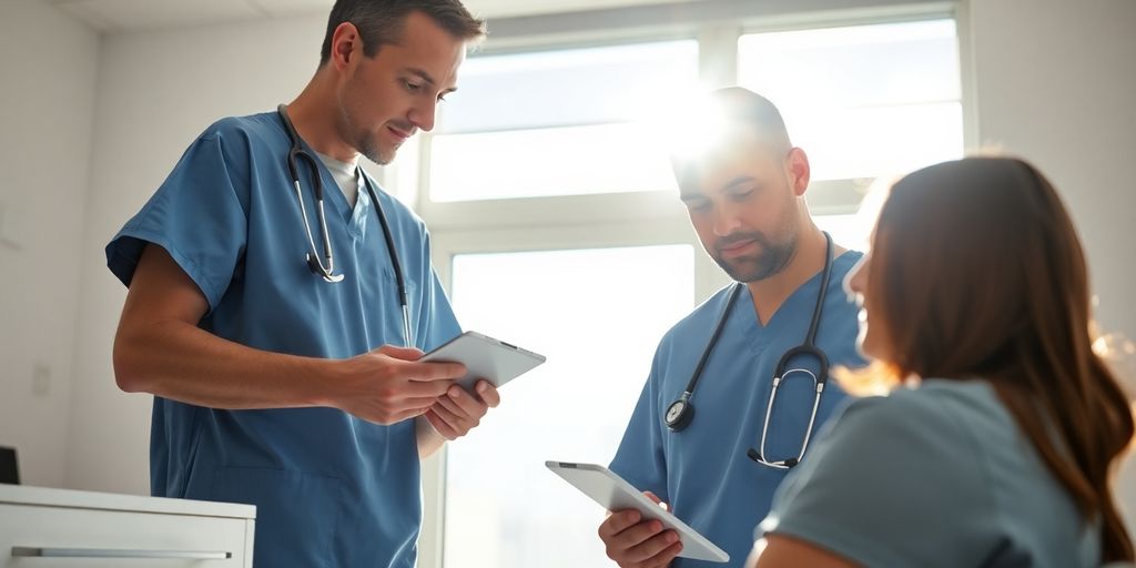 Healthcare professional using technology to assist patient.