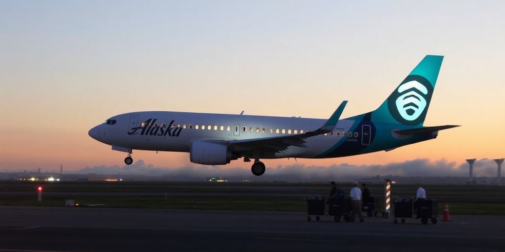 Alaska Airlines jet taking off over runway at sunrise horizon.
