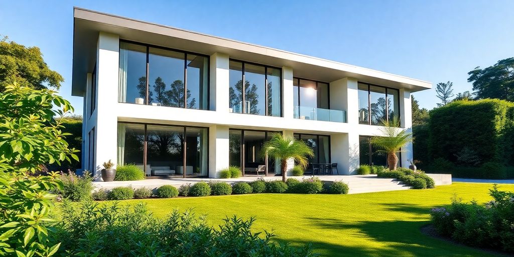 Luxurious modern home with large windows and manicured landscaping.