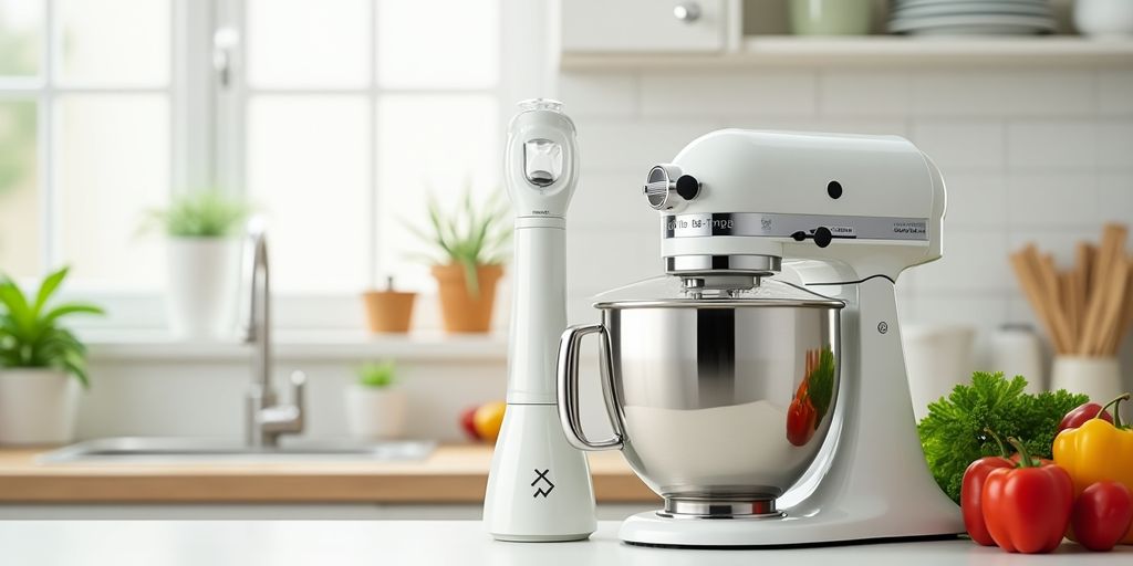 Standmixer und Stabmixer auf einer Küchenarbeitsfläche.