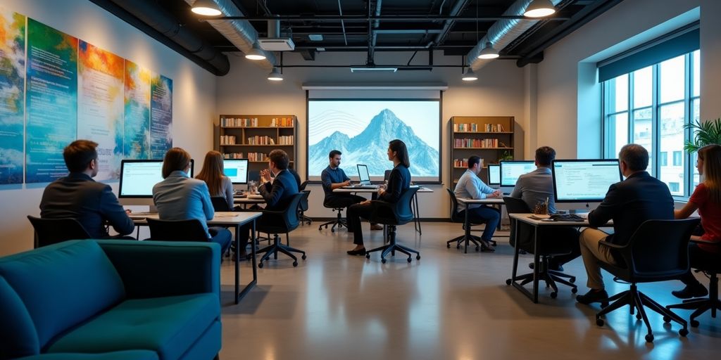 Profissionais de marketing digital em ambiente moderno.