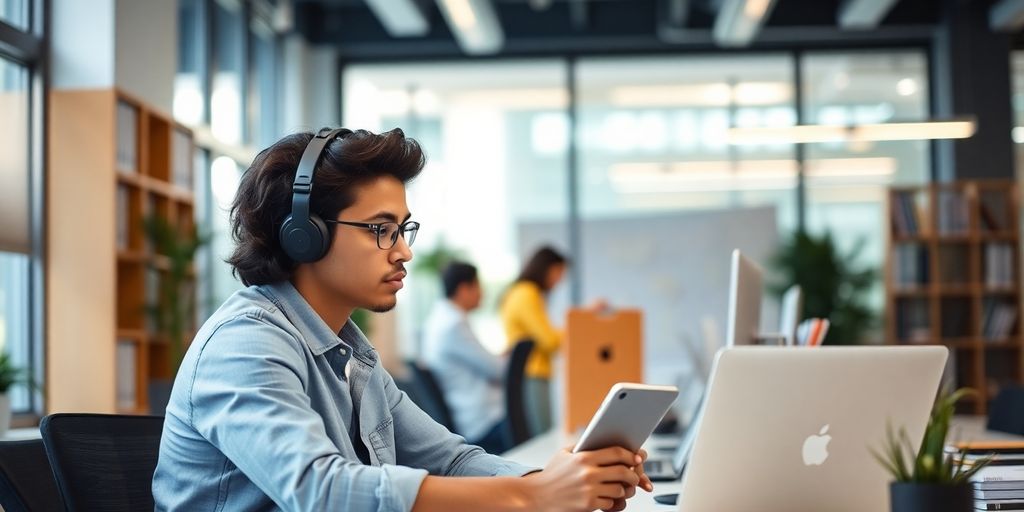 Jovem profissional desenvolvendo habilidades em ambiente de trabalho.