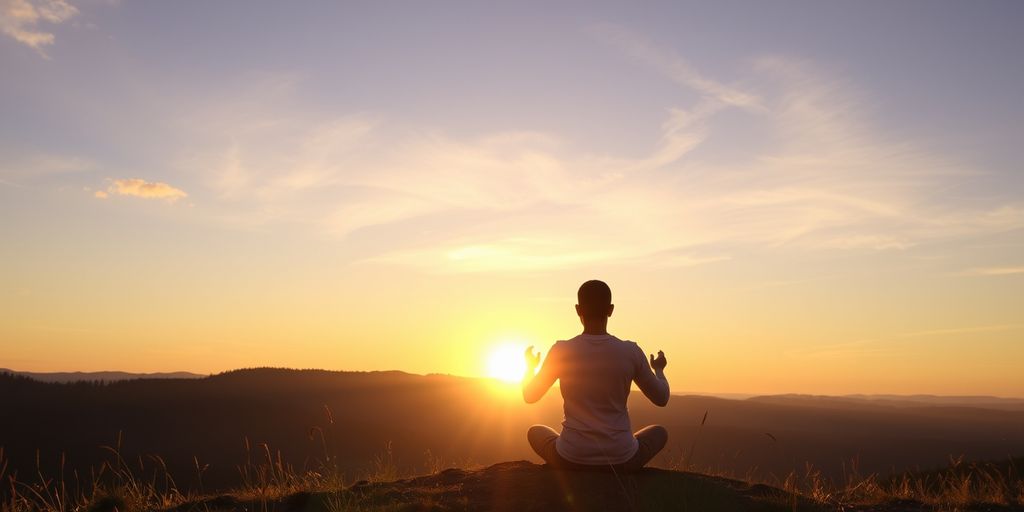 Person meditating at sunrise in serene landscape