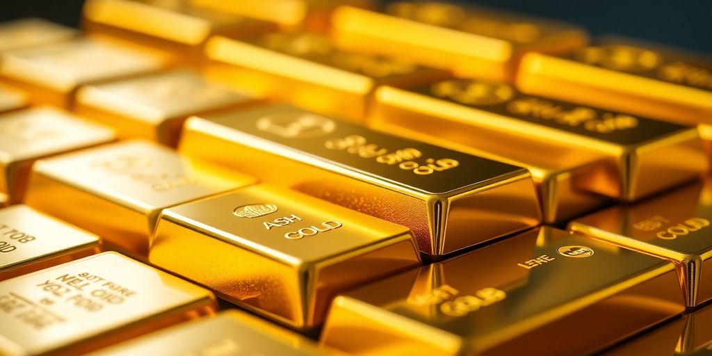 Lingots d'or empilés sur une surface brillante.