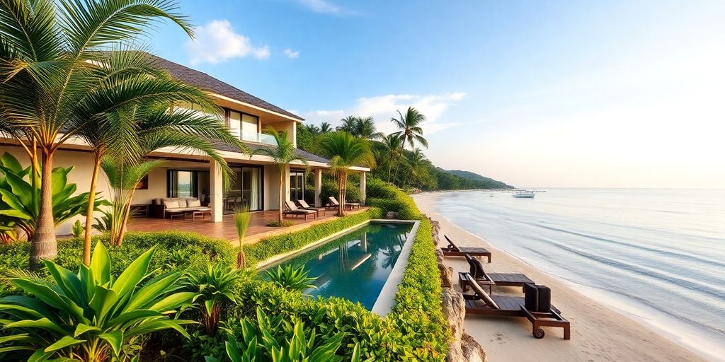 Luxury Phuket property with beach view and tropical greenery.