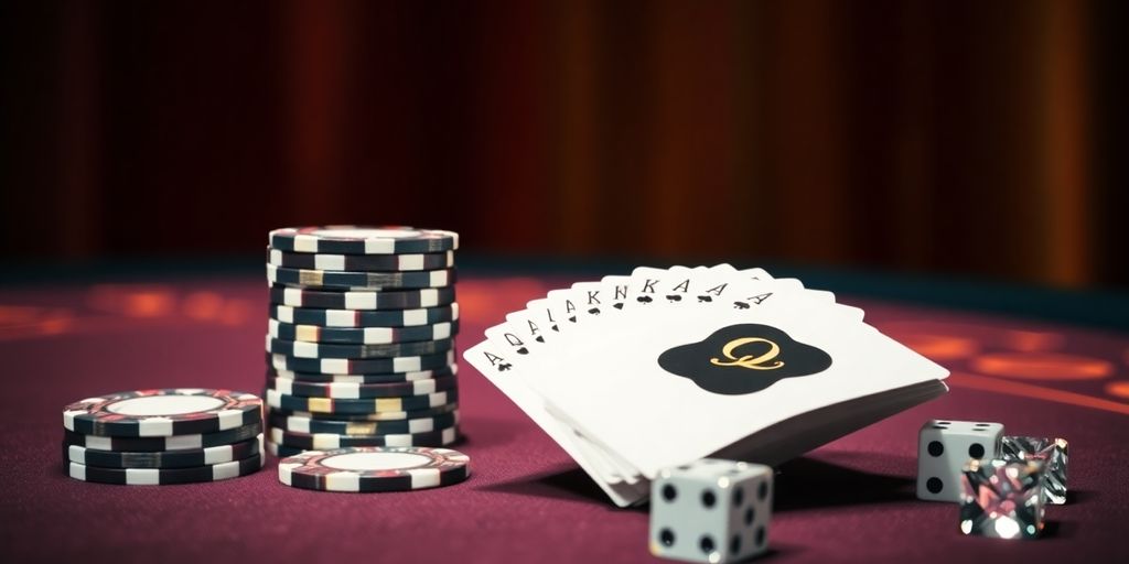 Table de casino élégante, jetons, cartes brillantes.