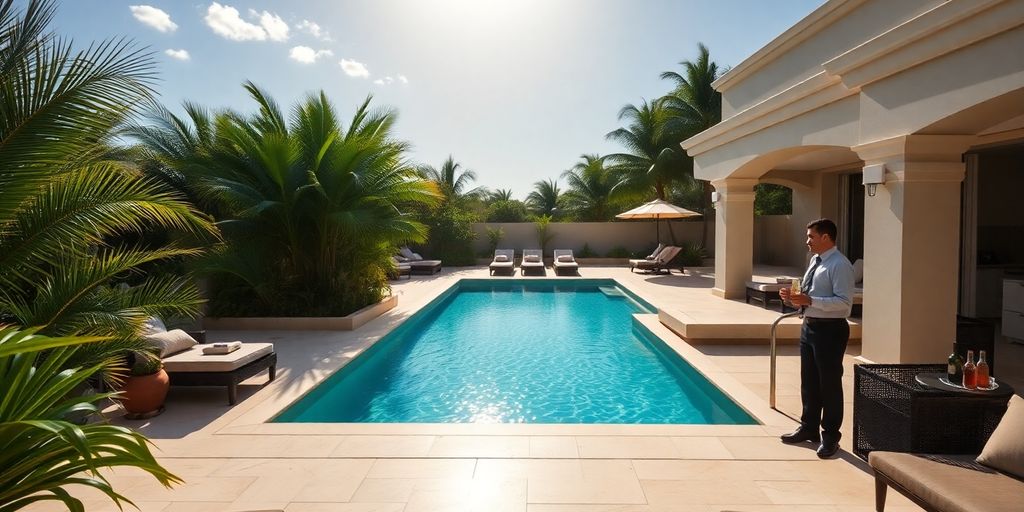 Luxurious Cabo villa with staff serving guests by a pool.