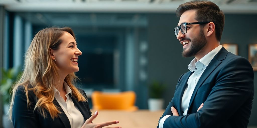 Two professionals communicating in a modern office setting.