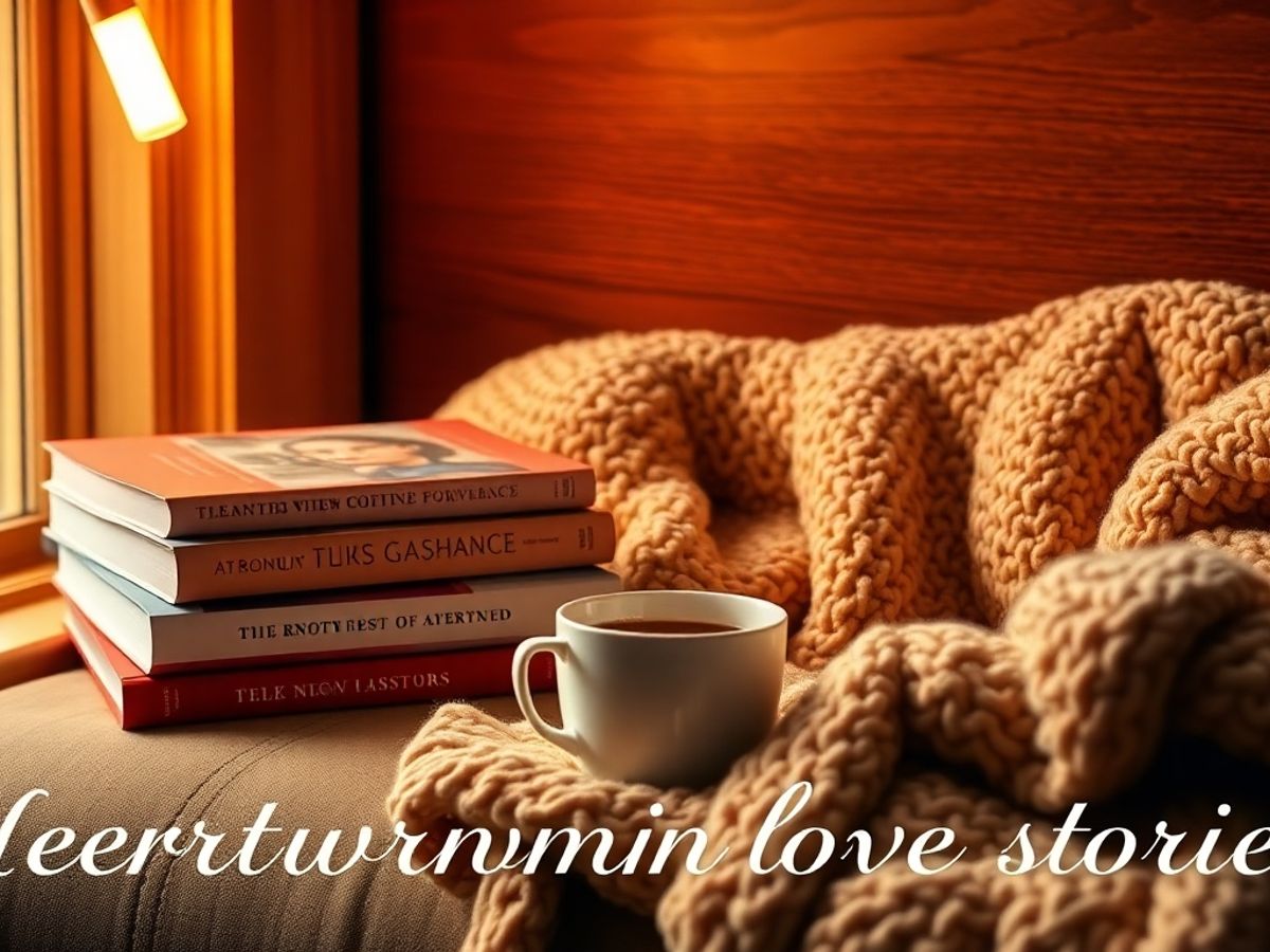 Cozy reading nook with romance books and coffee.