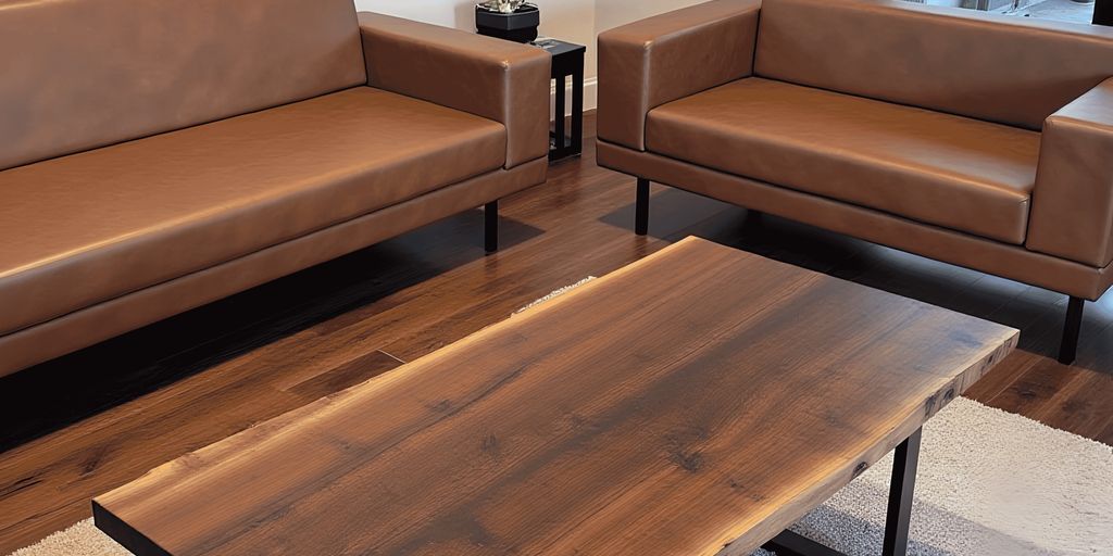 Modern living room with brown couches and a wooden table.