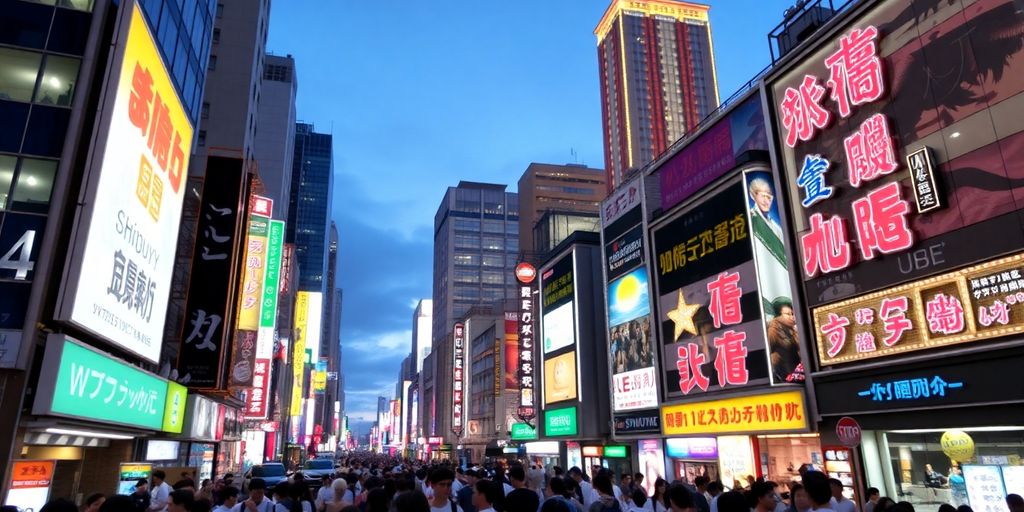 Busy Shibuya street with neon lights and skyscrapers.