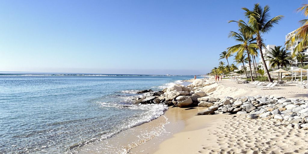 Beach view with palm trees and lounge chairs.