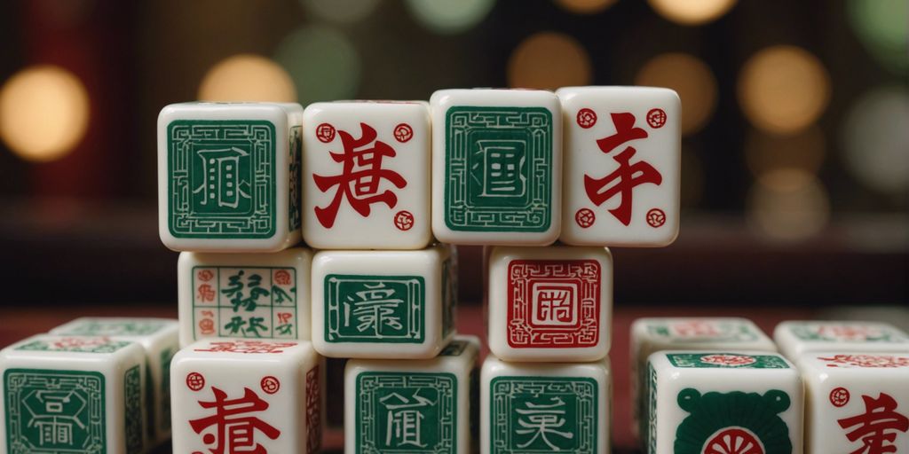 Close-up of Mahjong tiles with ancient Chinese symbols, highlighting the game's rich cultural heritage.