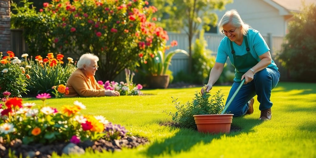Senior enjoying a lush lawn with community volunteer help.