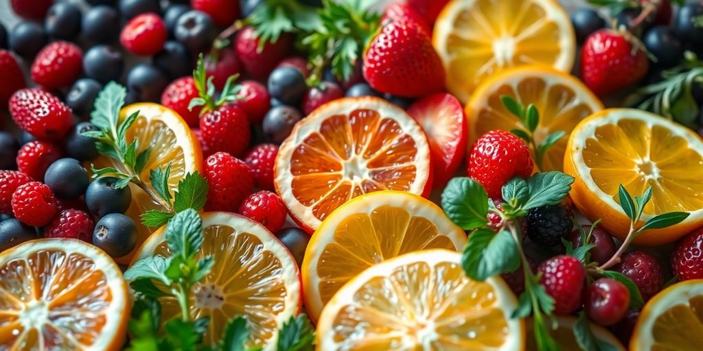 Fresh fruits and vegetables arranged naturally.