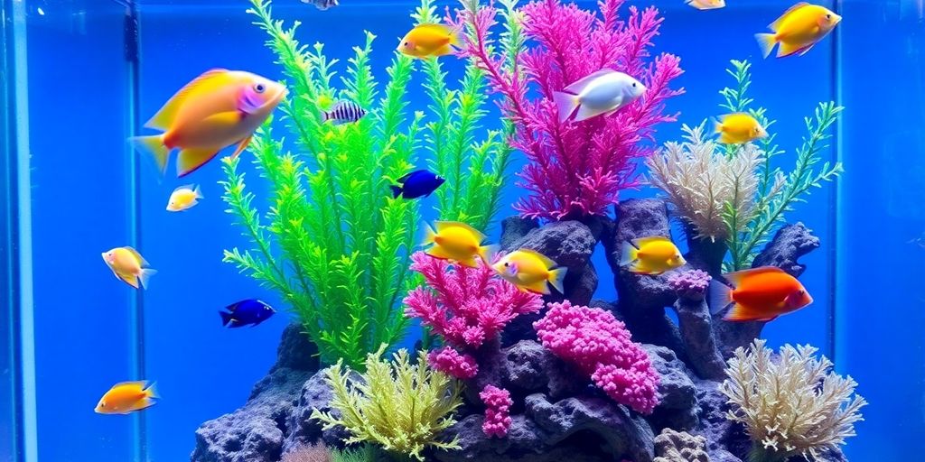 Makukulay na isda at halaman sa isang magandang aquarium.