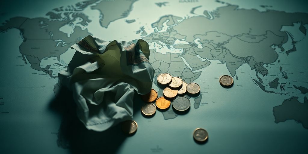 Billets froissés et pièces de monnaie sur une carte du monde.