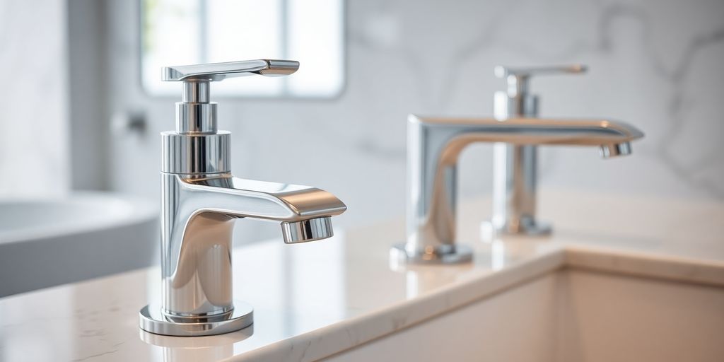 Modern bathroom taps with sleek designs.