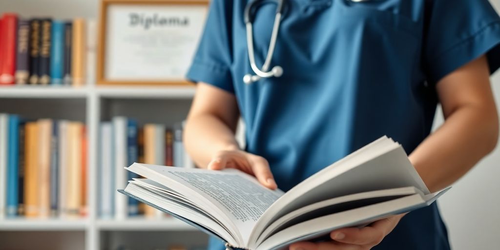 Medical office manager with educational books.