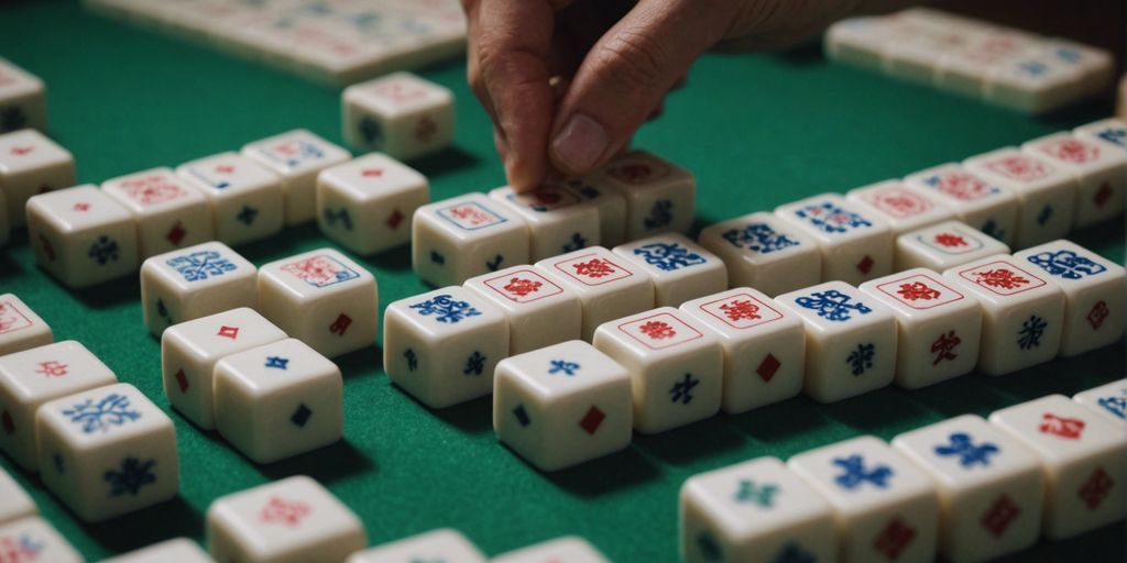Player's hand arranging Mahjong tiles strategically during an intense game session.
