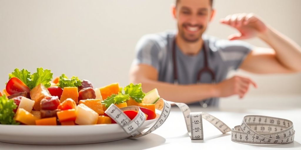Healthy meal, measuring tape, happy person.