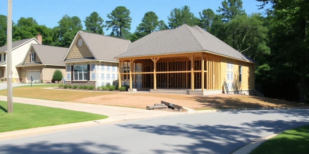 Construction site with a house being built.