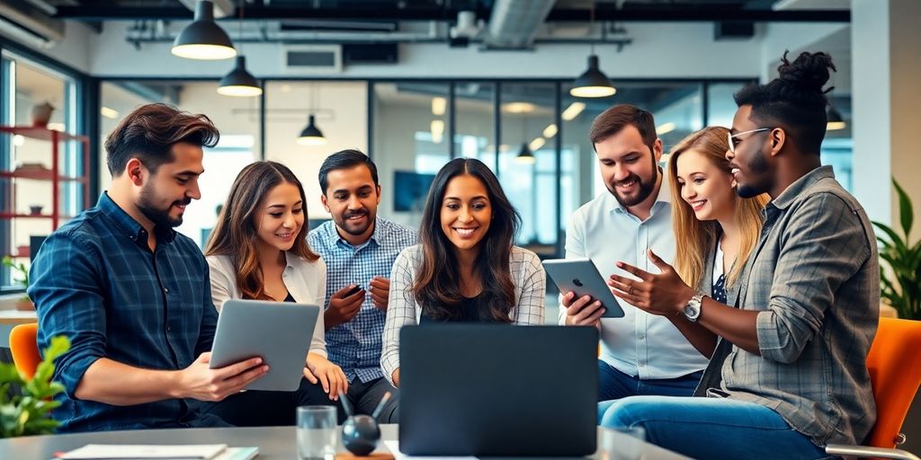 Diverse entrepreneurs collaborating in a modern workspace.