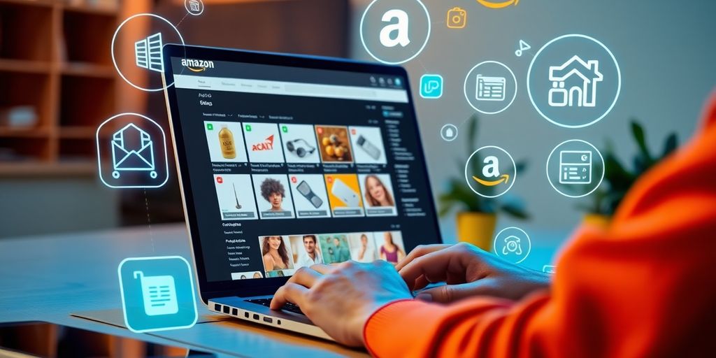 Person analyzing Amazon listings with AI tools on laptop.