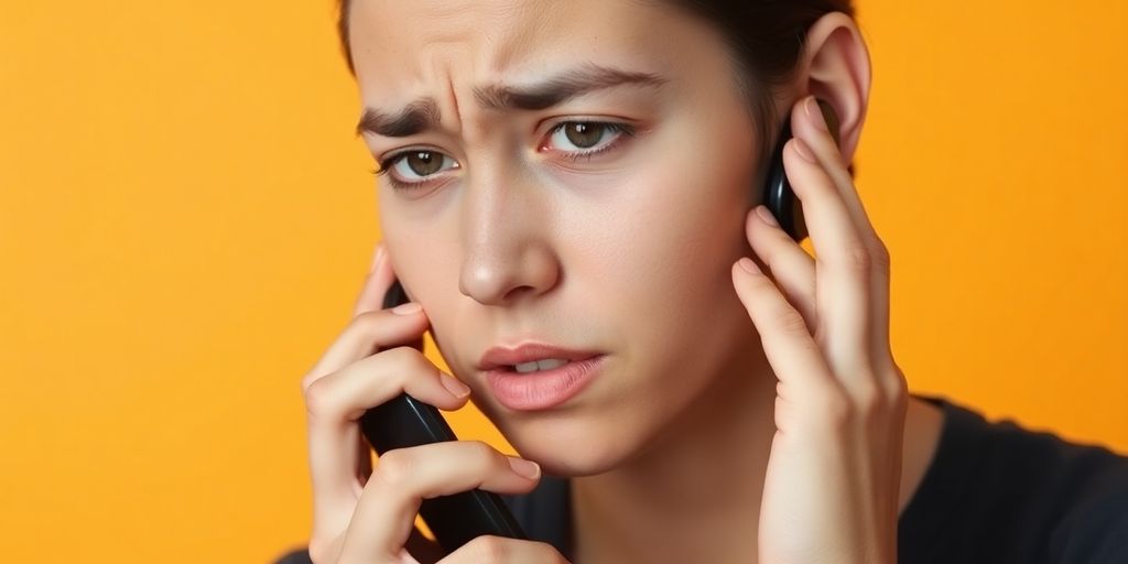 Frustrated customer on phone, orange background.