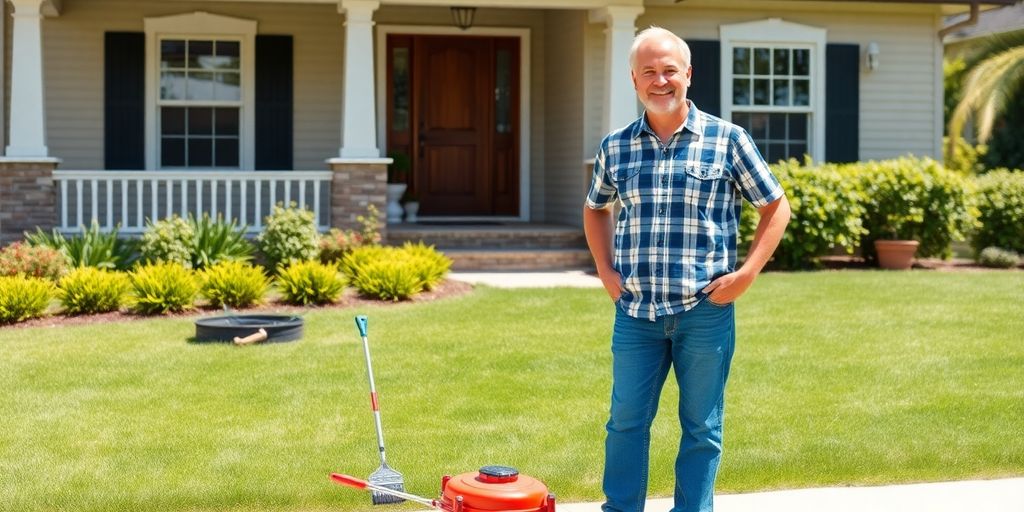 Homeowner with tools in front of a well-kept house.