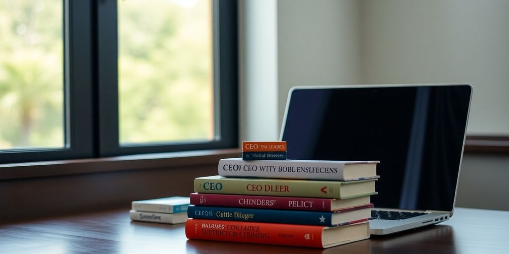 Leaders should take time out to read CEO books 1 An image of CEO books on a desk with a laptop computer