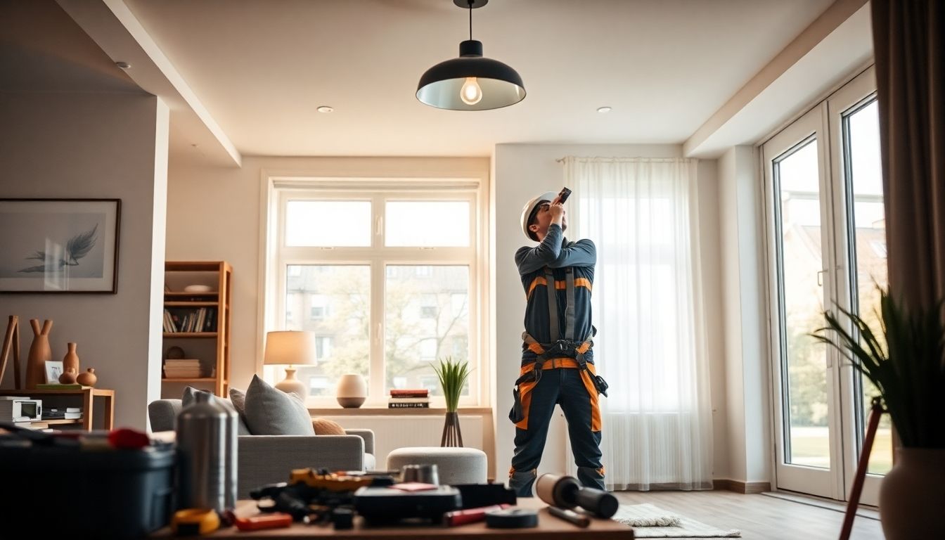 Electrician installing energy-efficient lighting in a London home.