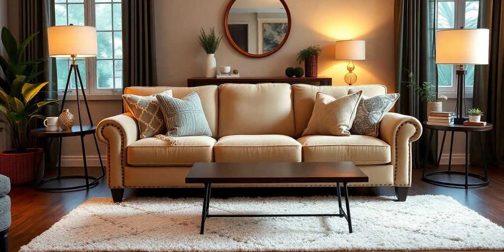 Comfortable Wayfair couch in a stylish living room.