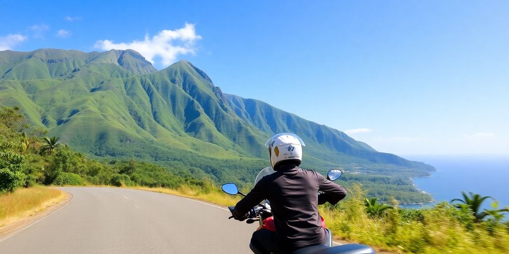 Motard sur une route sinueuse avec des montagnes verdoyantes.