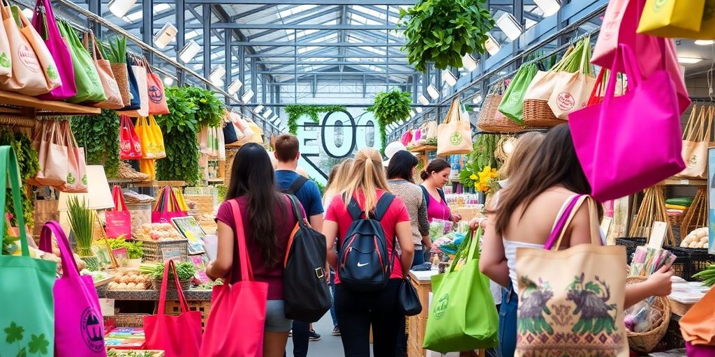 People shopping for eco-friendly products in a market.
