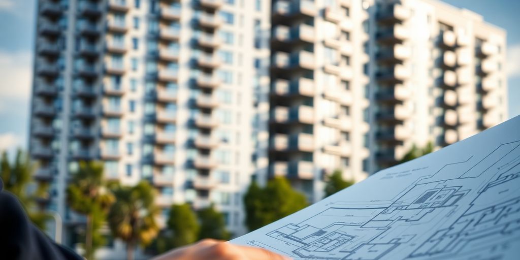 Investor examining blueprints of modern apartment buildings.